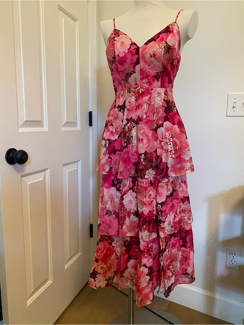 Pink Floral Tiered Maxi Dress with Spaghetti Straps